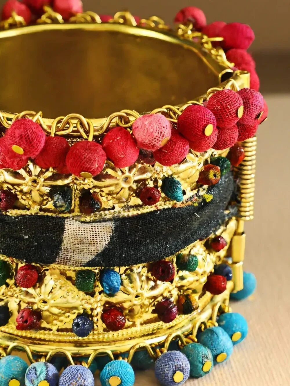 Handcrafted Multicolor Fabric-Bead Cuff Bracelet - Boho Gold Accent - Picture 3 of 4